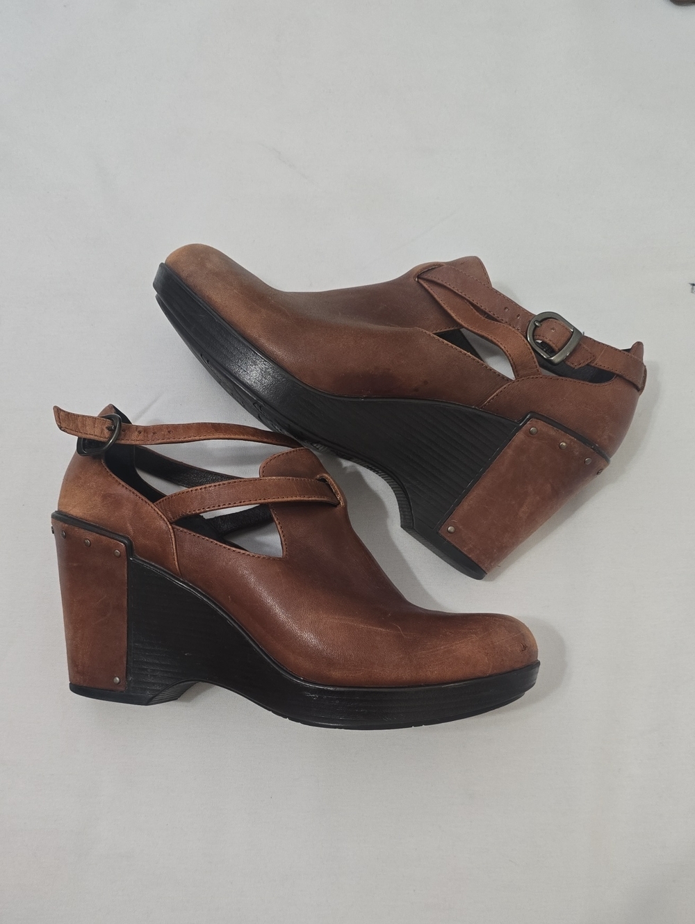 Dansko Brown Leather Cutout Wedge Sandals with Buckle